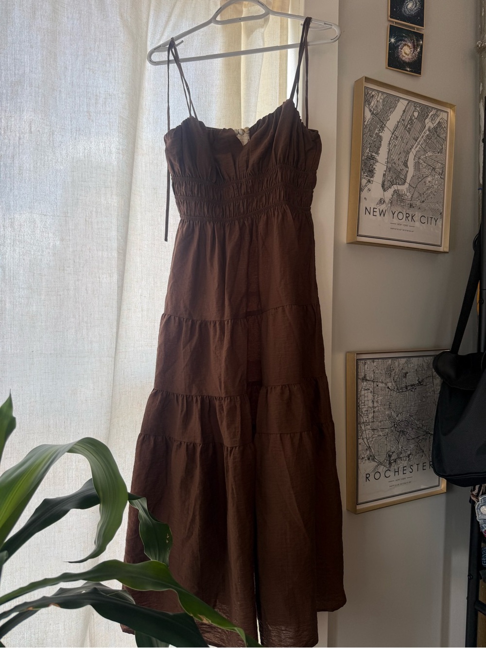 Monteau Brown Tiered Spaghetti Strap Midi Dress